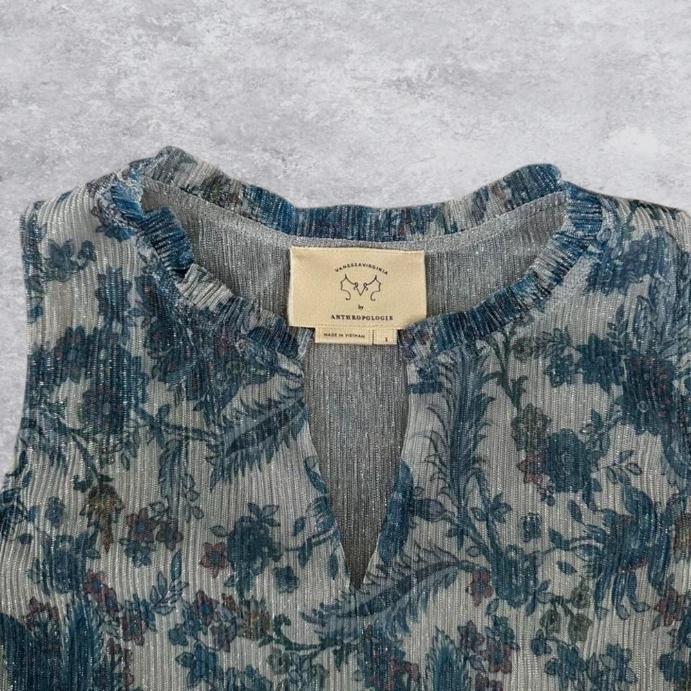 Vanessa Virginia Anthropologie Blue Silver Metallic Floral Top Small - Picture 3 of 7